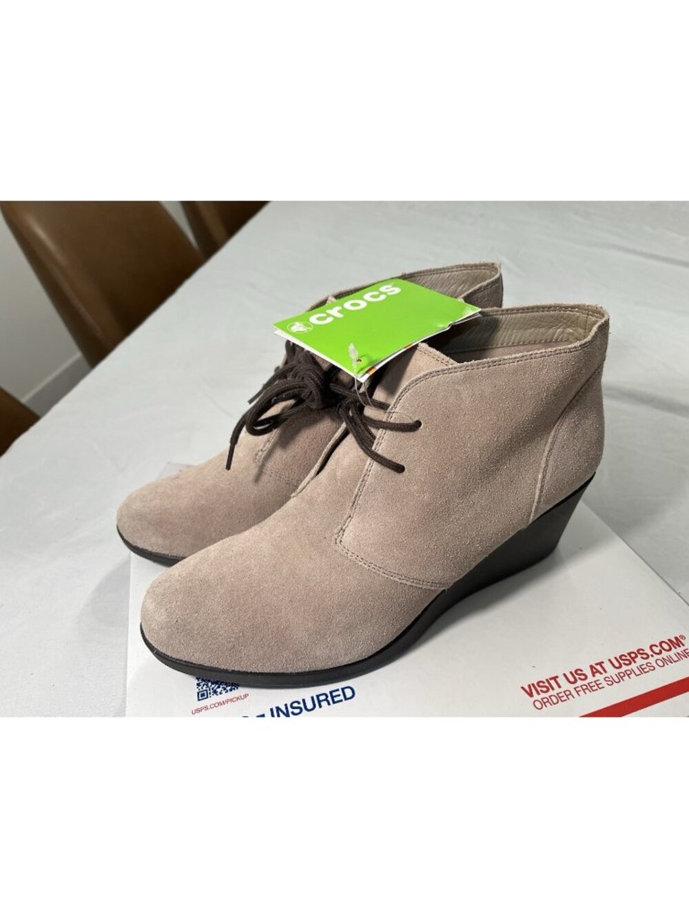 Crocs Leigh Womens Size 10 Beige Suede Dual Wedge Heel Ankle Boots 203419 Bootie
